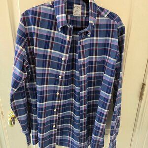 Brooks Brothers, Medium, Purple, Blue plaid button down shirt